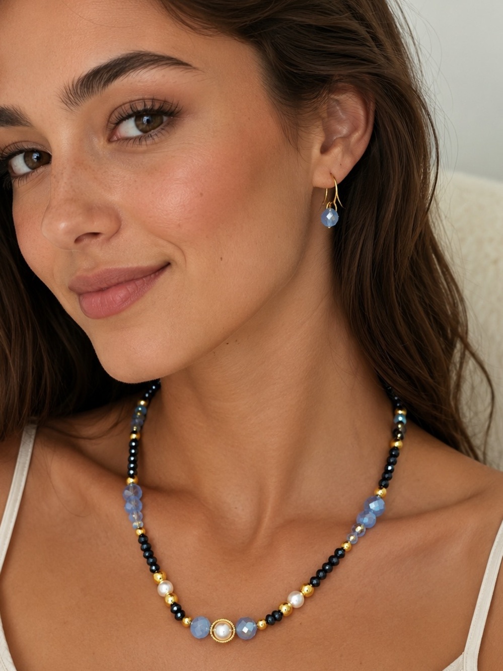 One of a kind Black, Gold, Blue and Pearls Beaded Necklace and Earring Set